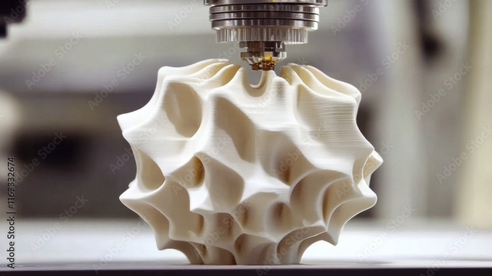 Poster innovative 3d printing of abstract sculpture showcasing unique patterns and textures in a workshop e