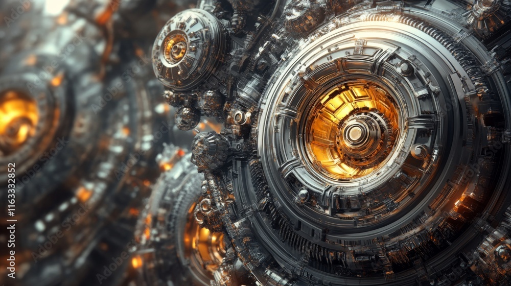 Poster intricate abstract design featuring copper and silver mechanical elements with glowing highlights in