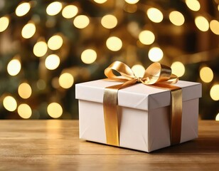 A shiny gold gift box on a table with out of focus holiday lights in the background