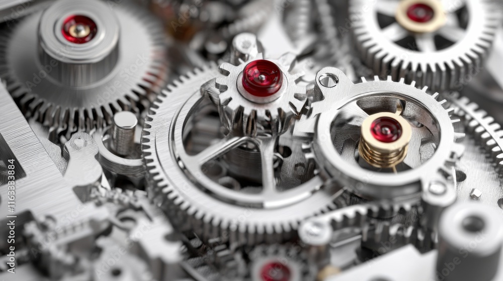 Poster intricate close-up of metallic clock gears with red jewels and springs, showcasing the complexity of