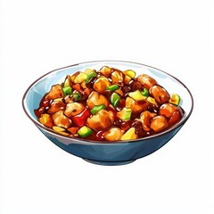 Chinese kung pao chicken national cuisine dish isolated on white background, colorful cartoon illustration