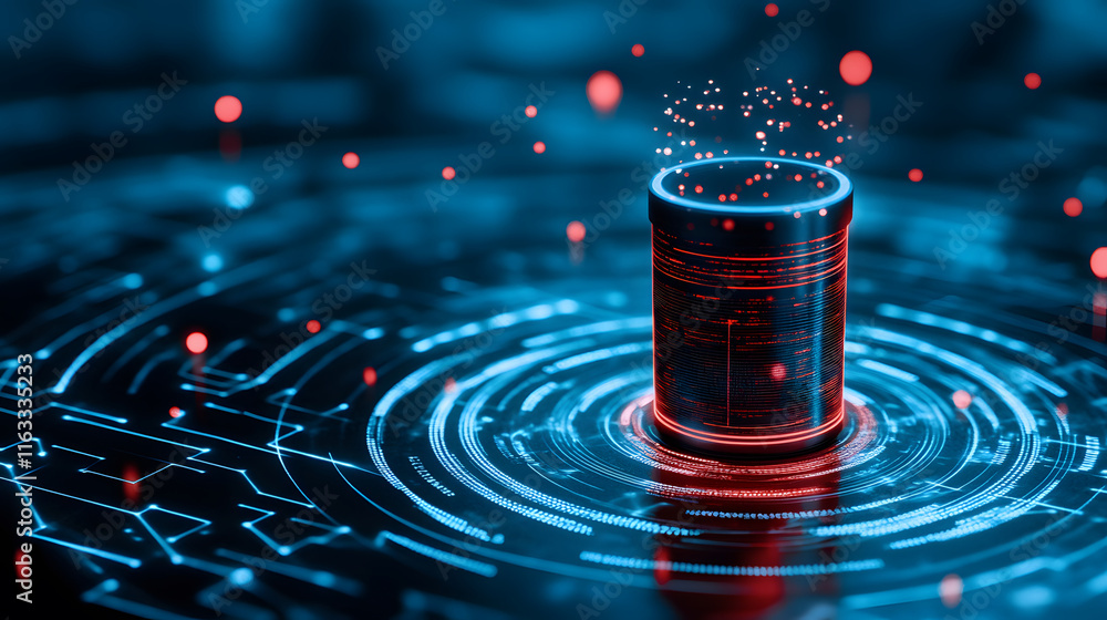 Poster digital abstract showcasing a glowing cylindrical object creating ripples in blue and red hues