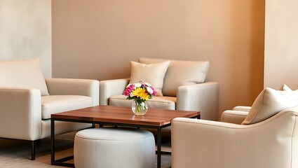 Cozy seating area with a coffee table and floral arrangement.