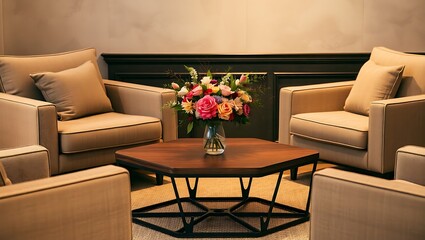 Cozy seating area with a coffee table and floral arrangement.