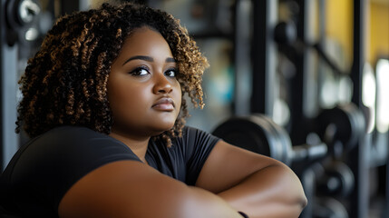 Plus size black woman taking a break contemplating in a gym eye-catching 