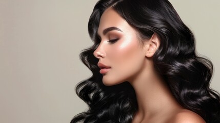 Fototapeta premium Beautiful model girl with long wavy and black shiny hair, AI generated image