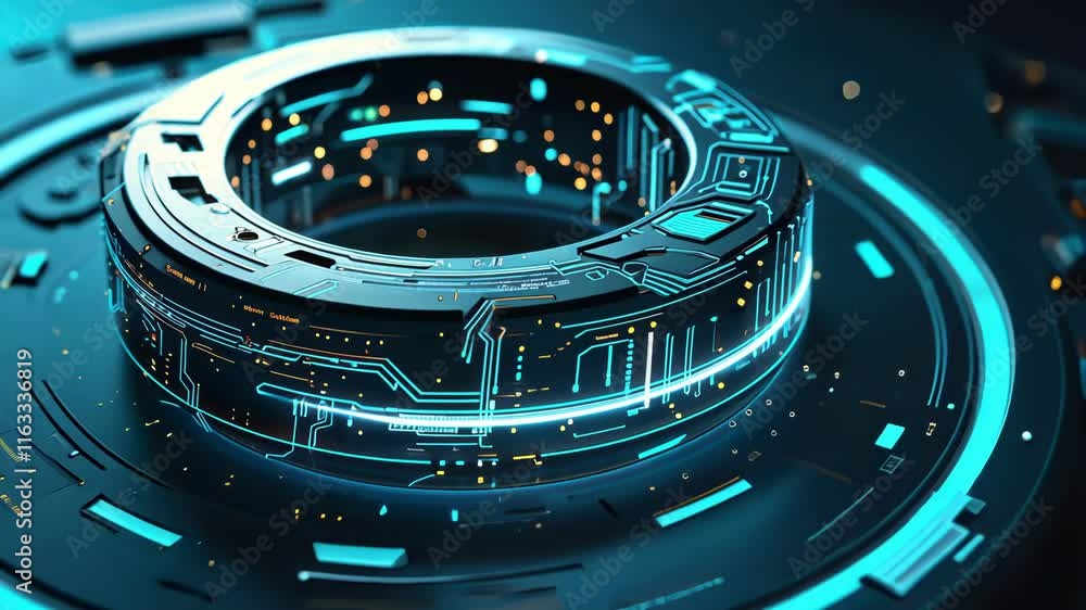 Poster futuristic digital interface showcasing circuit design with glowing elements, highlighting technolog