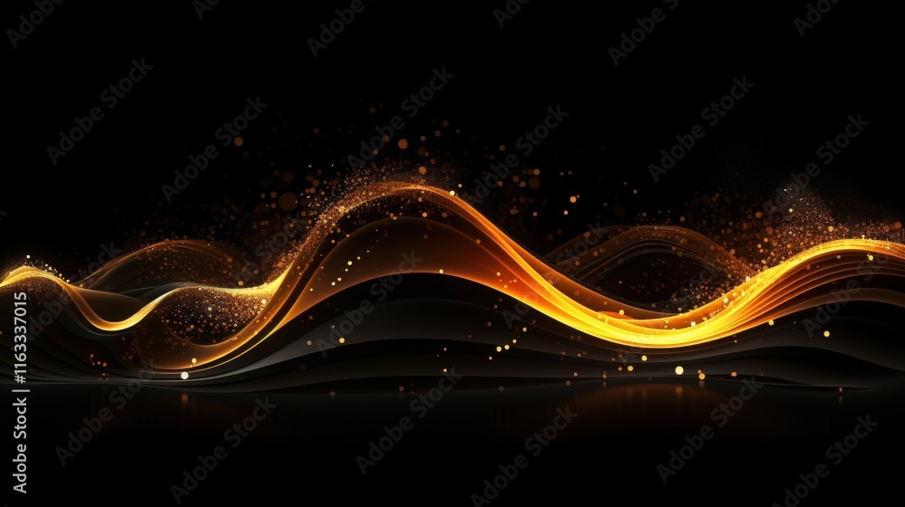 Poster abstract golden wave design with light particles on a dark background, creating a vibrant and dynami