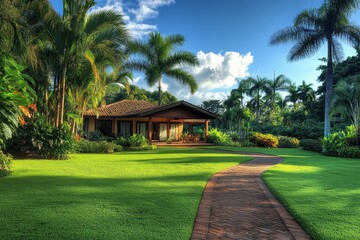 Obraz premium Tropical house nestled in lush garden, brick path leading to entrance. Ideal for real estate, travel, or luxury lifestyle websites.