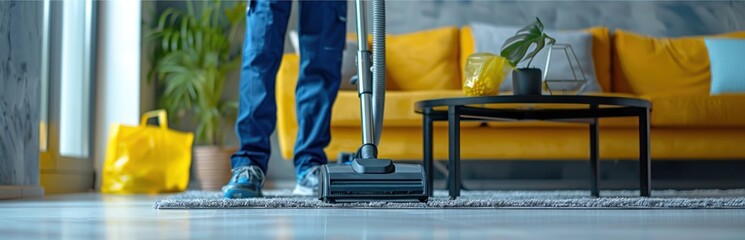 Man Vacuuming in Modern Living Room with Yellow Sofa
