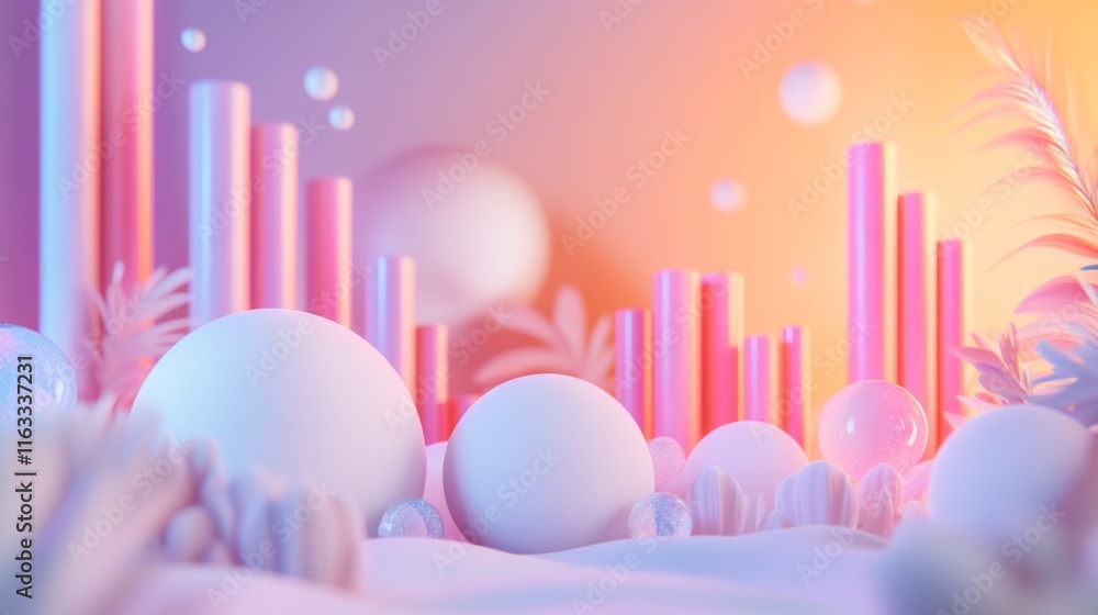 Poster abstract 3d rendering of colorful geometric shapes and soft textures in a dreamlike landscape of pin