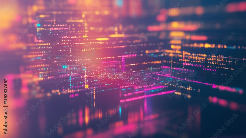 Poster abstract digital background with colorful light trails and patterns illustrating data flow, technolo
