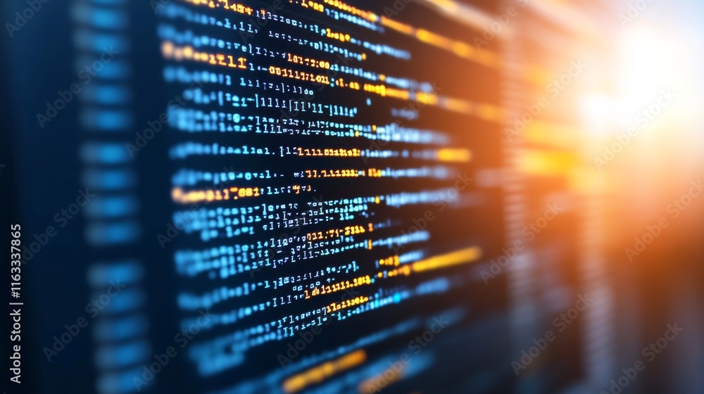 Poster abstract digital data code with bright glow in the background, showcasing technology, programming, a
