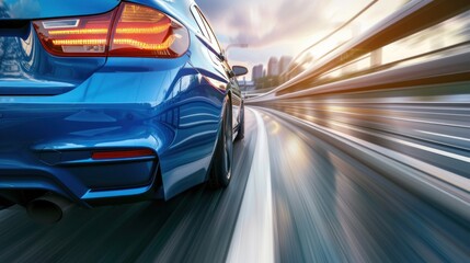 Fototapeta premium Blue car at high speed along the highway, AI generated image