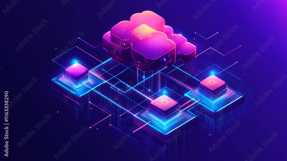 Aufkleber abstract glowing digital cloud computing illustration with vibrant neon colors showcasing interconne