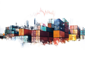 Obraz premium Stack of container with stock finance market graph symbolizing global trade import, export logistics transport. Economic movement against clean professional white background. Global Demand and Supply.