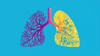 An artistic representation of the human lungs, showing the bronchial tree and alveoli in vivid colors, placed against a serene blue background