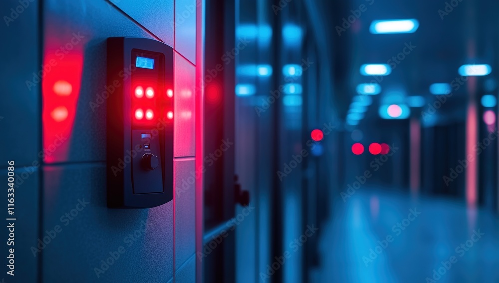 Poster night security system: illuminated keypad in a modern building