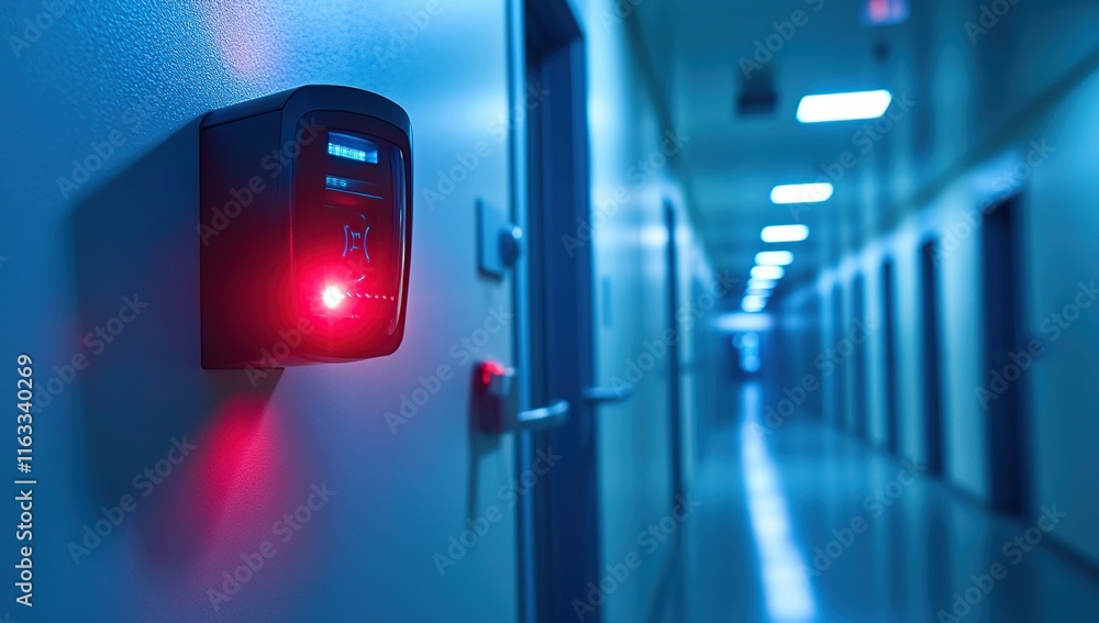 Poster security system: fingerprint scanner in a modern building corridor