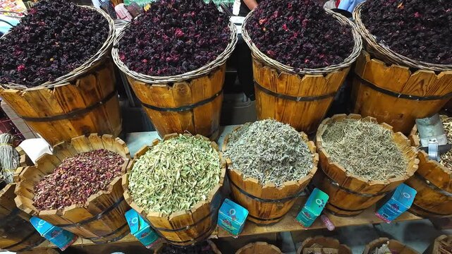 Spices, each in its own container, fill the Old Market in Sharm el Sheikh, Egypt