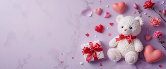 Obraz premium Valentine's Day background hearts gift wrapped with a red ribbon and flower buds and cute white bear doll