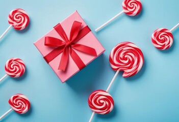 A close-up of candy pink lollipops with a red gift box on a blue background