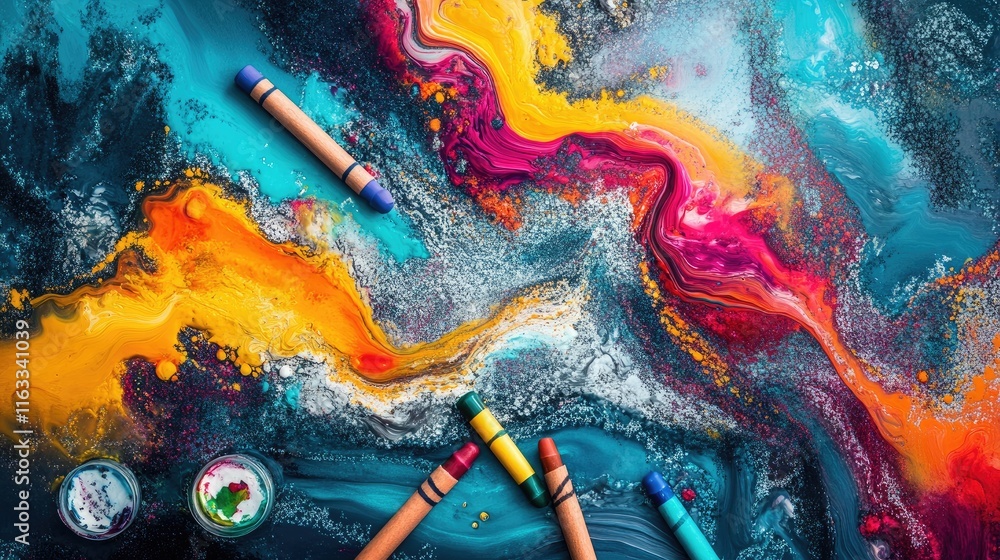 Aufkleber a colorful abstract design filled with various hues, with crayons lying nearby, inviting viewers to 