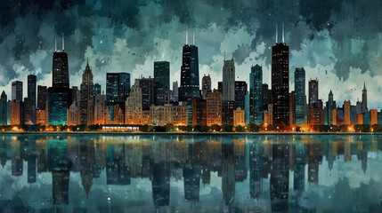 Obraz premium Painterly illustration of the Chicago skyline at night with dramatic clouds and illuminated skyscrapers reflected in Lake Michigan's water.