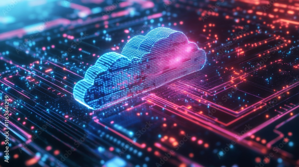 Poster futuristic digital cloud with glowing particles and circuit pattern on data background, representing