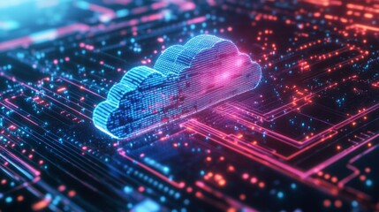 Futuristic Digital Cloud with Glowing Particles and Circuit Pattern on Data Background, Representing Cloud Computing and Technology Innovations