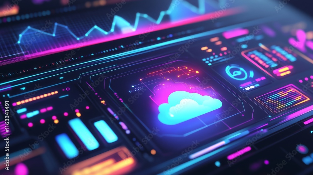 Poster futuristic digital interface featuring cloud storage icon and data visualization graphs in vibrant n