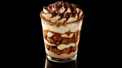 A delicious dessert of tiramisu served in a glass, layered with coffee-soaked ladyfingers and mascarpone, decorated with cocoa powder and chocolate shavings