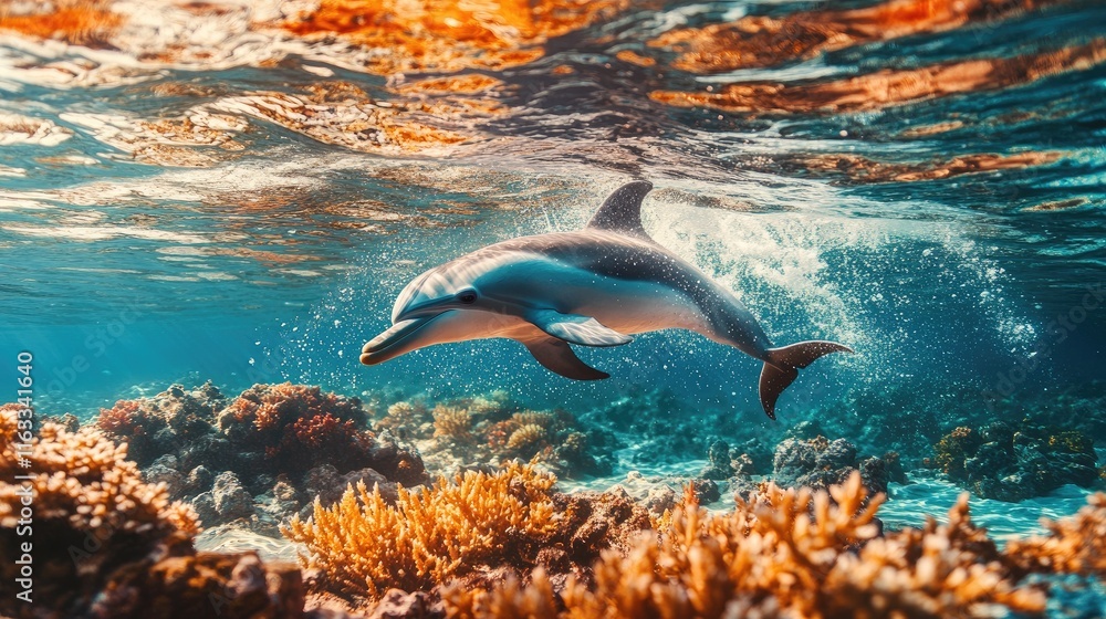Aufkleber a dolphin splashing playfully in shallow waters, with colorful coral reefs visible below, creating a