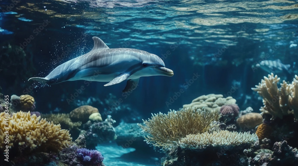 Aufkleber a dolphin splashing playfully in shallow waters, with colorful coral reefs visible below, creating a