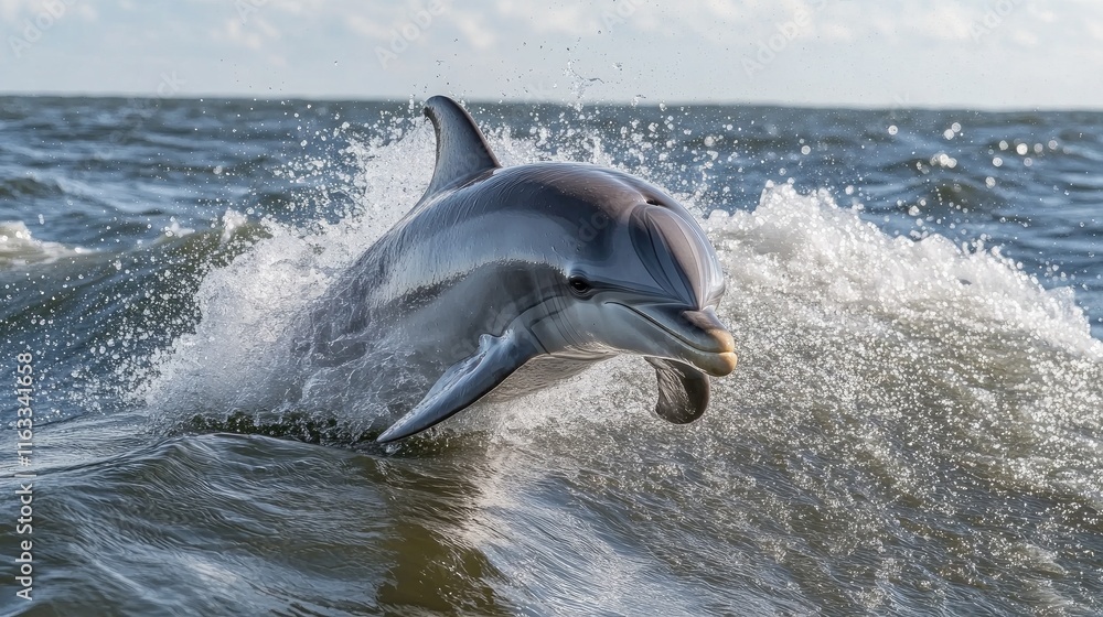 Poster a dolphin playfully splashing in the waves, creating a cascade of water droplets around it, set agai