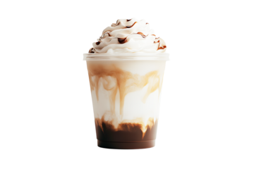 Luxurious plastic cup filled with cream yogurt chocolate styled elegantly isolated on cut out PNG or transparent background. Show premium and appetizing appeal. Themes related to products.