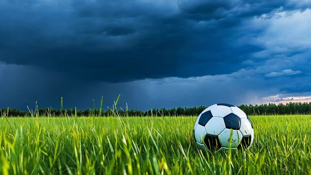 Dark storm clouds loom over a soccer ball resting on a grassy field in a rural area as lightning strikes in the distance