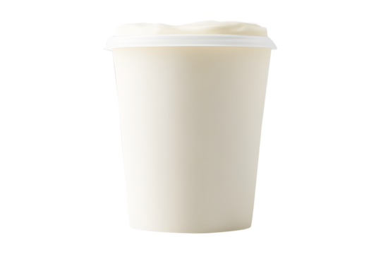 Luxurious plastic cup filled with cream yogurt elegantly isolated on cut out PNG or transparent background. Themes related to products. Show premium and appetizing appeal. Copy space for text.