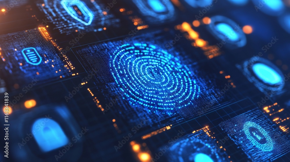 Poster futuristic digital security concepts featuring fingerprint recognition and cybersecurity threat defe