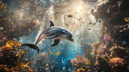 A dolphin swimming through a sunlit underwater scene, surrounded by bubbles and vibrant marine life, capturing the essence of ocean playfulness