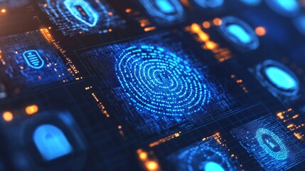 Obraz premium Futuristic Digital Security Concepts Featuring Fingerprint Recognition and Cybersecurity Threat Defense Representations for Advanced Technology Applications