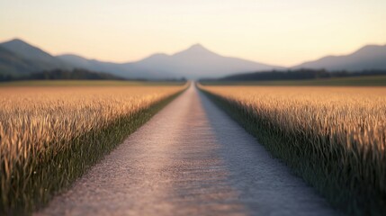 Fototapeta premium Serene Path Through Lush Green Field of Tall Grass Under Bright Blue Sky Inviting Peaceful Nature Exploration Adventure