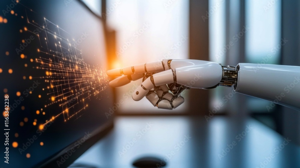 Poster futuristic robot hand interacting with digital interface, symbolizing ai technology and human-machin