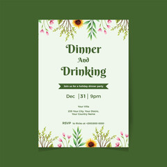 Watercolor Holiday Party flyer for floral design with flowers and candles. Vector illustration