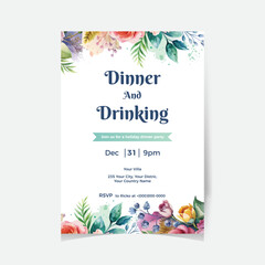 Watercolor Holiday Party flyer for floral design with elegant flowers template. Vector illustration