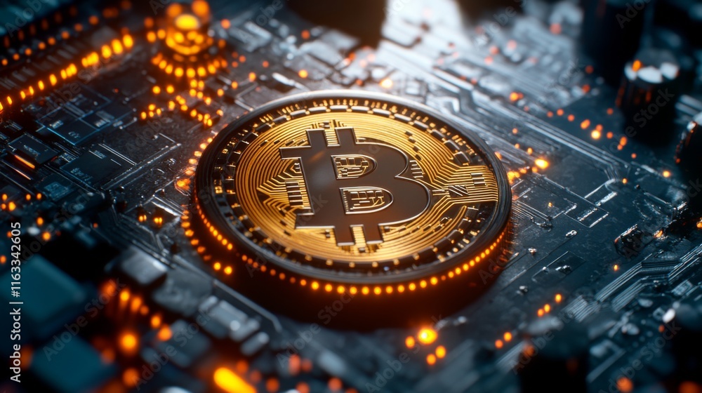Poster high-resolution macro image of a bitcoin on a circuit board with glowing lights and digital patterns