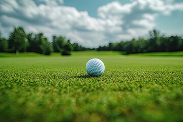 Golfer teeing off on a lush green course under a bright sky