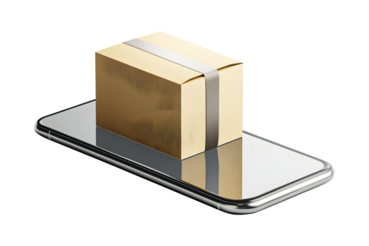 Online transportation in smartphone logistic concept. Delivery, shopping, e-commerce. Box cardboard package emerging from smartphone screen symbol isolated on cut out PNG or transparent background.