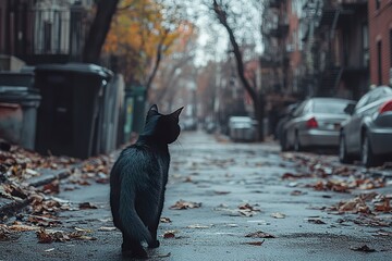 Black Cat Sitting On A City Street In Autumn