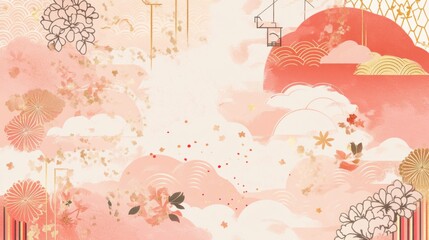 A modern pink Japanese pattern background featuring geometric shapes and golden accents for New Year decor